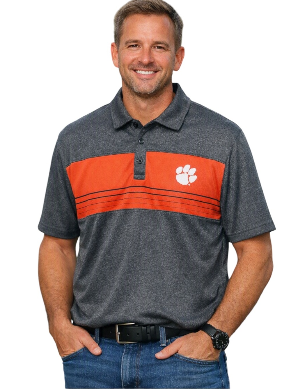 Colosseum Clemson Tigers Mens M Gray Orange Striped Golf Polo Shirt